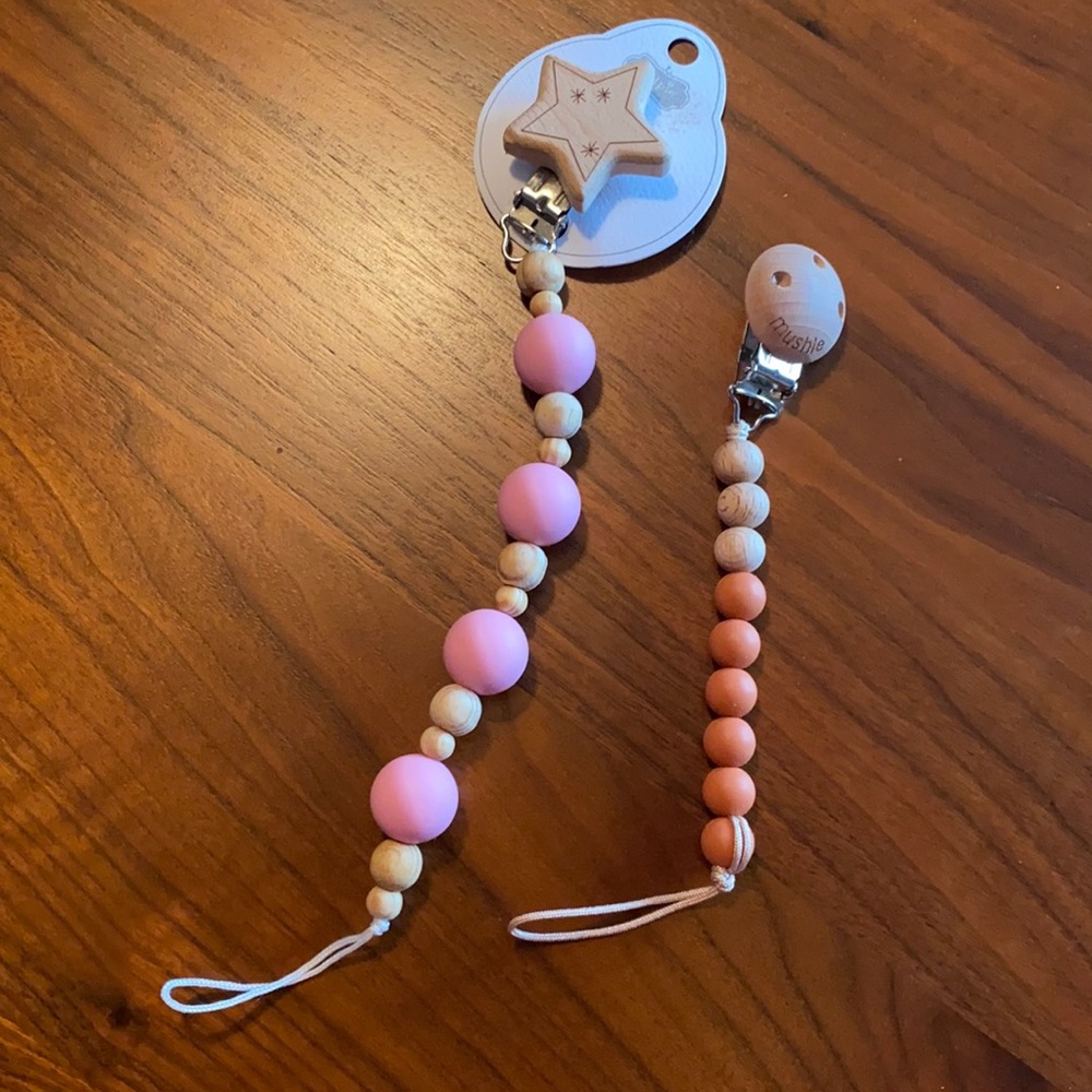 TWO FOR ONE Mud Pie NWT Pink and Orange Wooden Baby pacifier clip